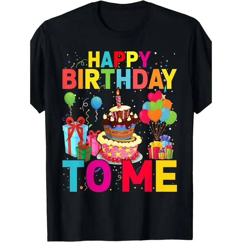 Men's Cotton Round Neck Short-Sleeve T-Shirt - Soft, Easy-Wash, Light-Stretch Casual Top with Festive Cake, Balloons, Gifts Print for Birthday Celebrations