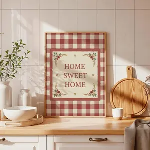 Home Sweet Home Print, Rustic Gingham Farmhouse Wall Art, Red Plaid Kitchen Decor, Country Cottagecore Print