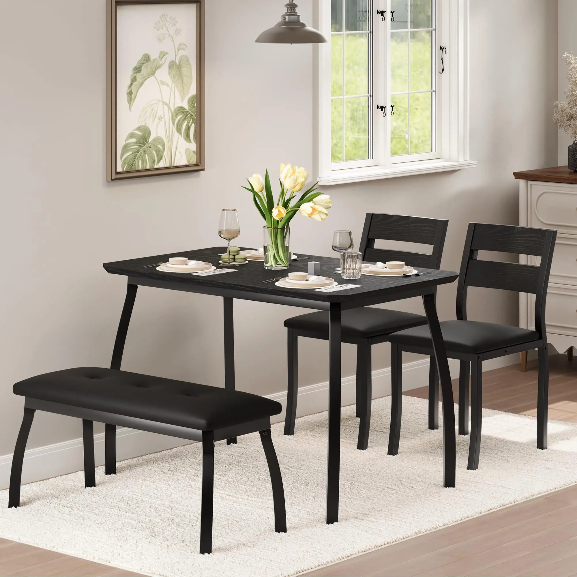Dining Table Set for 4, Wooden Kitchen Table with Upholstered Bench & 2 Cushion Chairs, for Studio, Kitchen, Dining Room, Apartment, Black