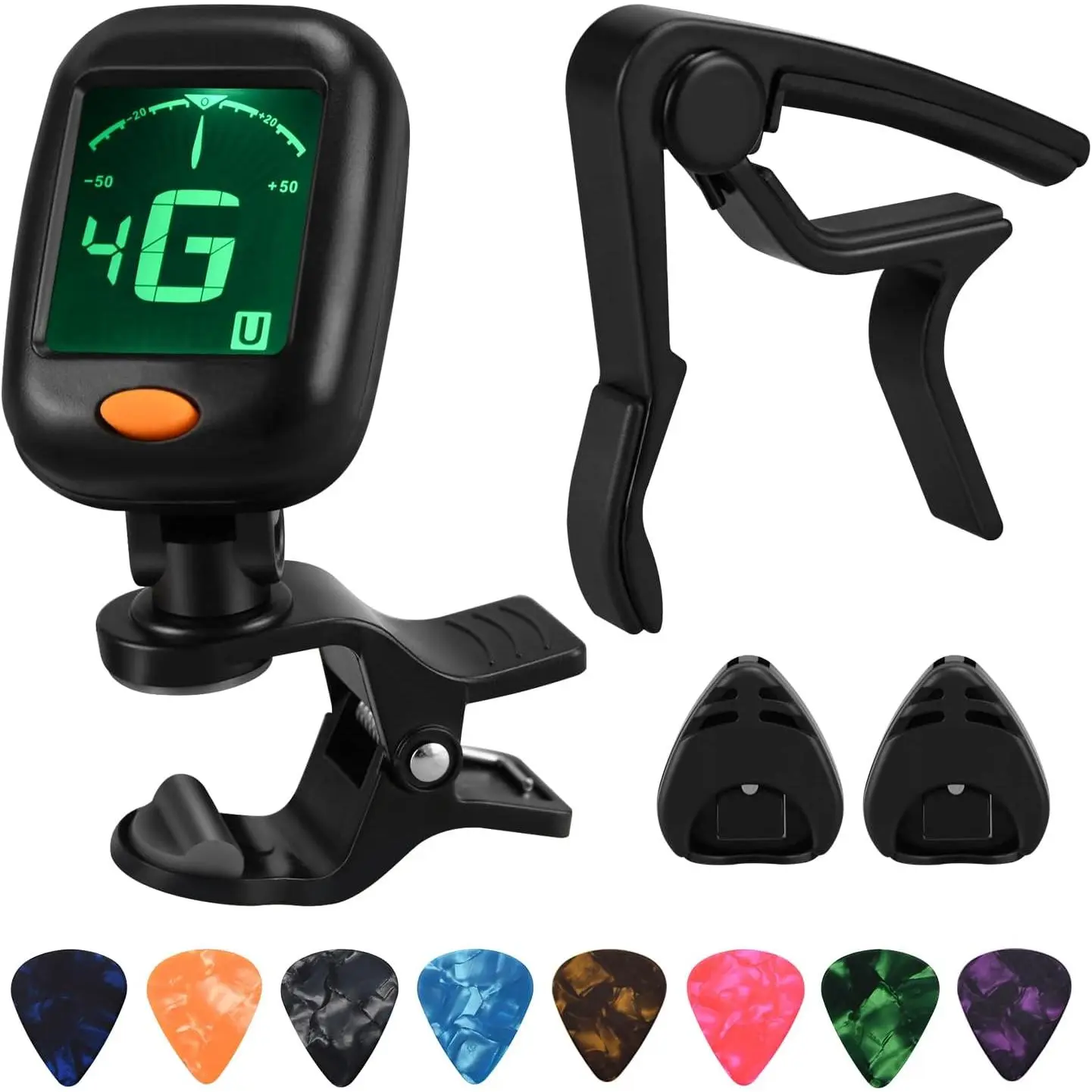 Durable Guitar & Ukulele Capo-Tuner Set for Beginning Players, Guitar Learning Tools with Quick-Tune Capo, High Vibration Accurate Fast-Tuning LED Screen Tuner, Pick Holder, 8 Medium Gauge Picks (3/4in Thickness, 5 Modes), 3/4 Inch Thickness