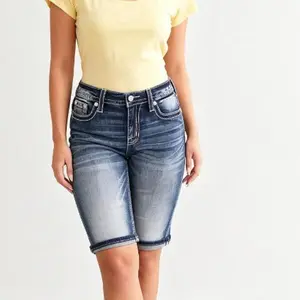 Women's Skinny Denim Shorts with Back Embroidery Ripped Frayed Raw Hem Distressed Casual Fit Jean
