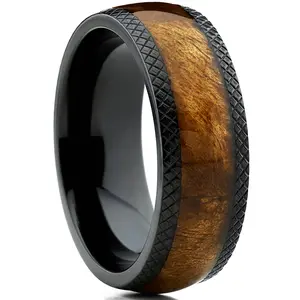 Men's Dome Black Titanium Wedding Band Ring with Real Marble Brown Wood Inlay, Comfort Fit 8mm