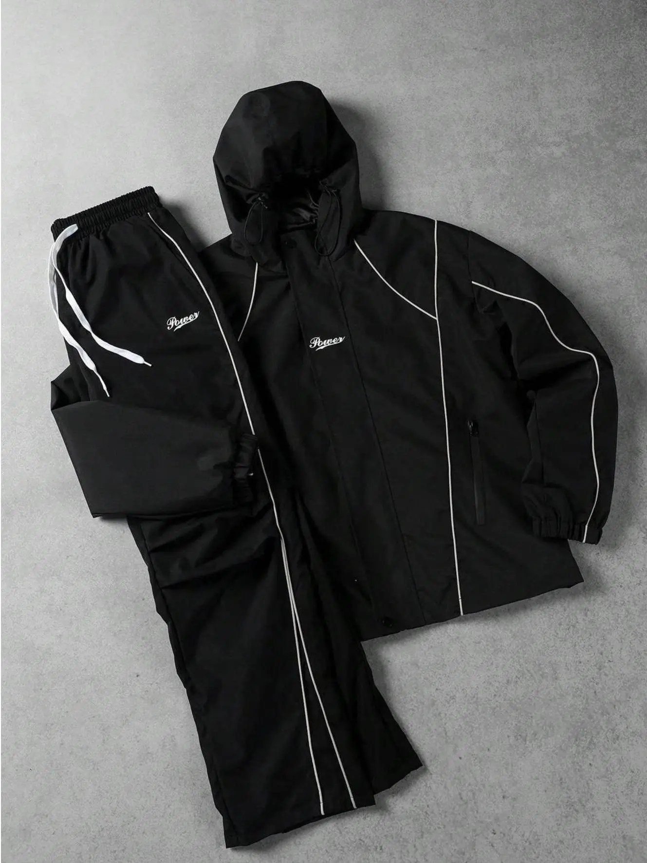 VIRAL Black Techwear Tracksuit Set | Y2K Reflective Piping Hooded Jacket & Pants