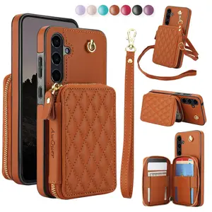 Crossbody Phone Case Cover with Card Slot, 1 Count PU Leather Zipper Wallet Protective Phone Case with Lanyard, Phone Accessories for Samsung Galaxy A55 A35 A13