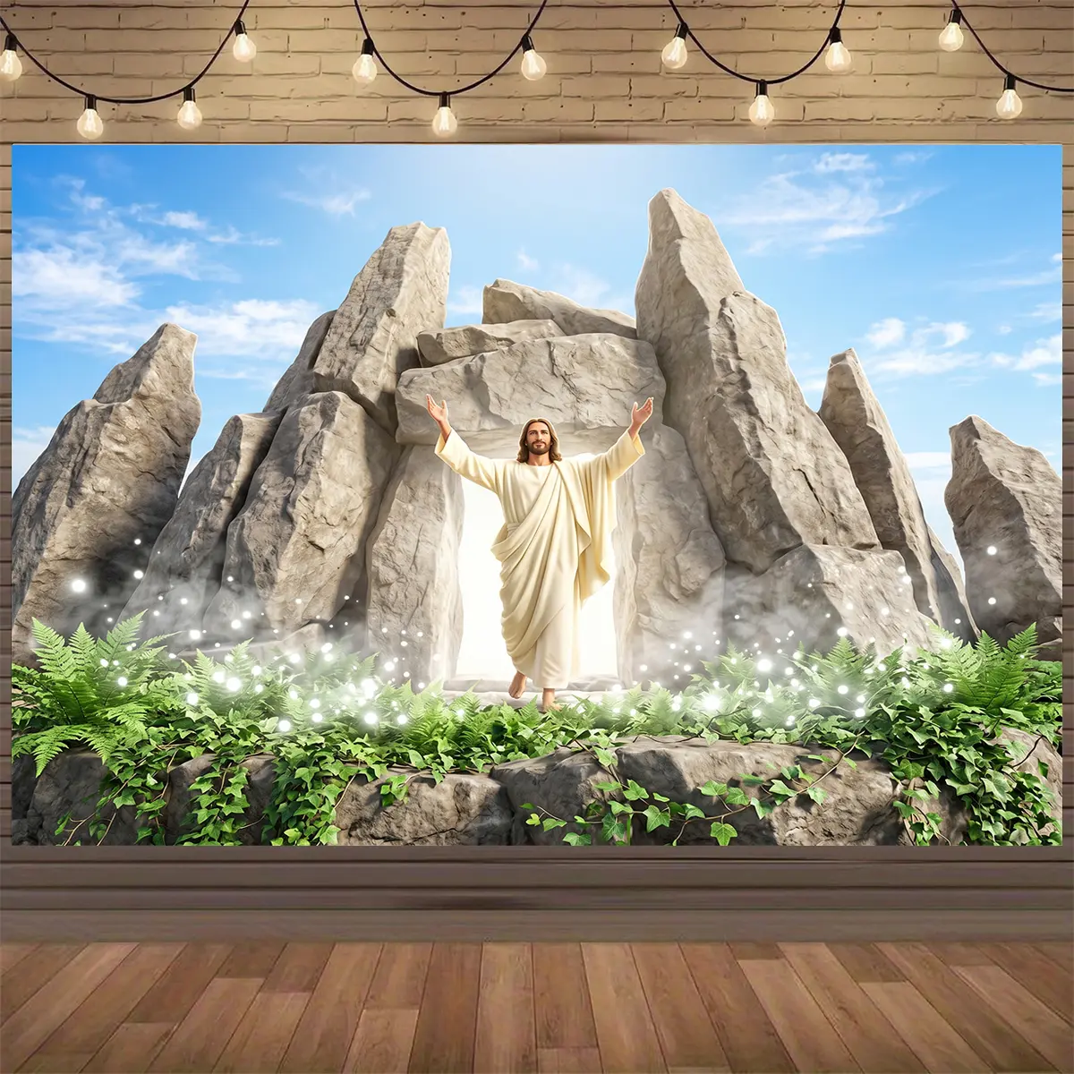 2D Flat Printed Wrinkle-Resistant Single Resurrection Jesus Christ Open Tomb Polyester Backdrop - Lightweight Hanging Kit, Radiant Clouds, Angelic Light for Easter Church Celebration, Religious Photo Booth Decor, Holiday, Graduation, Anniversary, Birthday