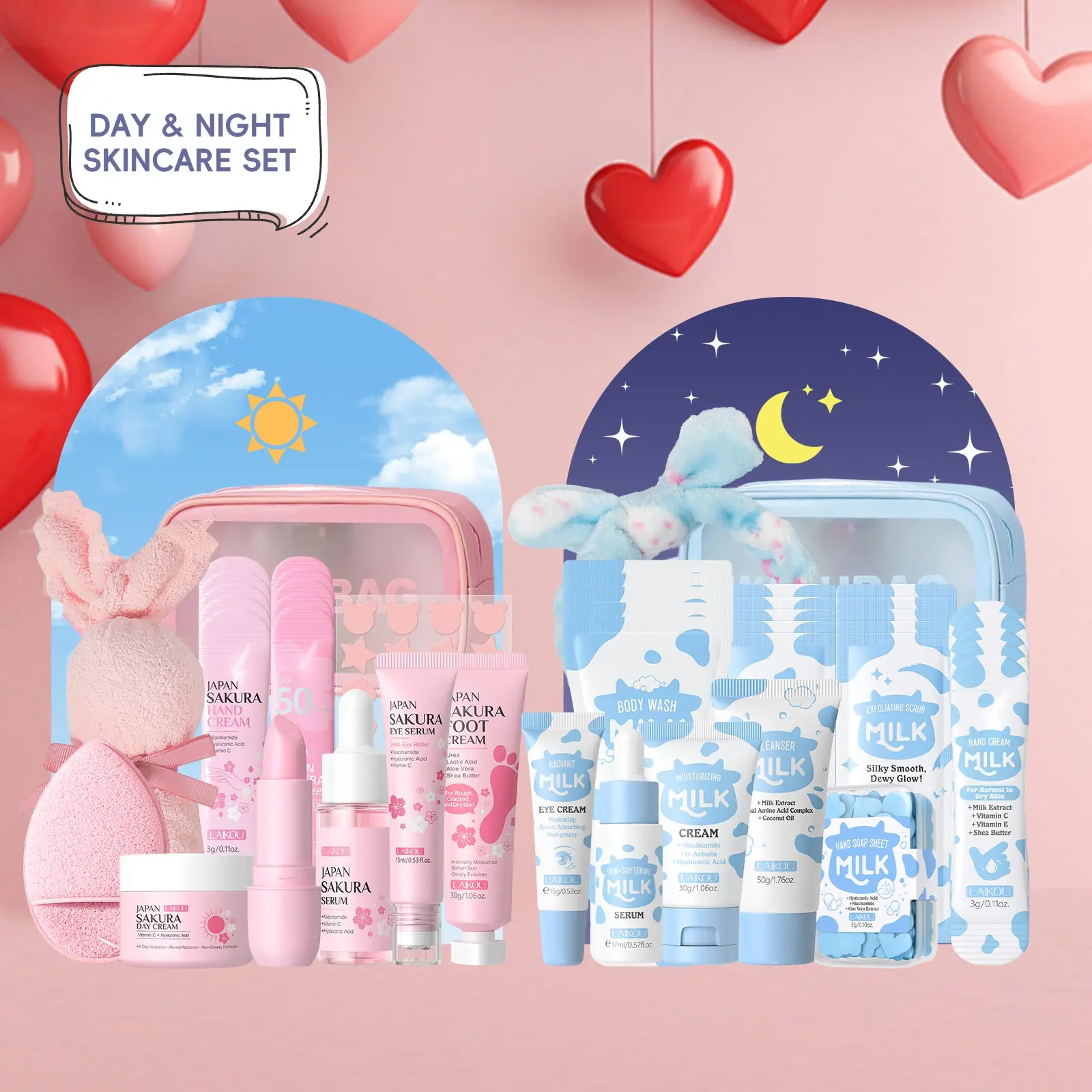 Laikou Sakura & Milk Skincare Set, Moisturizing Set, Day & Night