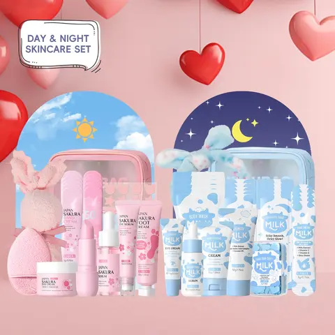 Laikou Sakura & Milk Skincare Set, Moisturizing Set, Day & Night Skincare Set, Beauty Bundle Set, Beauty Sets, Includes Cleanser, Serum, Creams, Sunscreen, Hand Cream, Unisex Body & Face Skincare Set for Daily Cleansing, Moisturizing Hydrating Set
