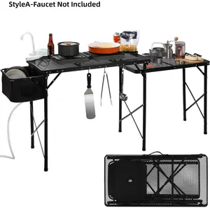 Lightweight Camping Kitchen Table with Sink, Metal Folding Portable Camping Cooking Station Grill Table with Hooks for Outdoor, BBQ, Party and Picnic