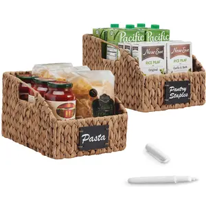 Best Choice Products Hyacinth Angled Pantry Storage Baskets W/ Handles, Chalkboard & Marker (Pack of 2)