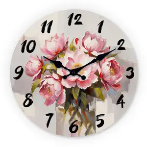 Floral Pattern Wooden Wall Clock, 10-14 Inch Silent Clock, Aa Battery Powered, Ideal for Living Room Bedroom Aesthetic Rooms