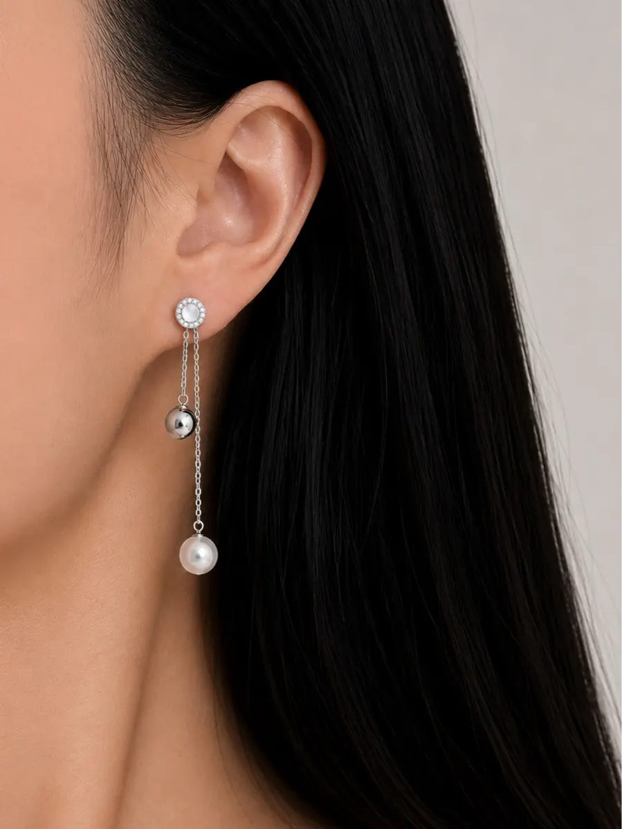 Modern Pearl Drop Earrings with Long Chain and Mother of Pearl Stud | Sterling Silver CZ Dangle Earrings  | Modular Design