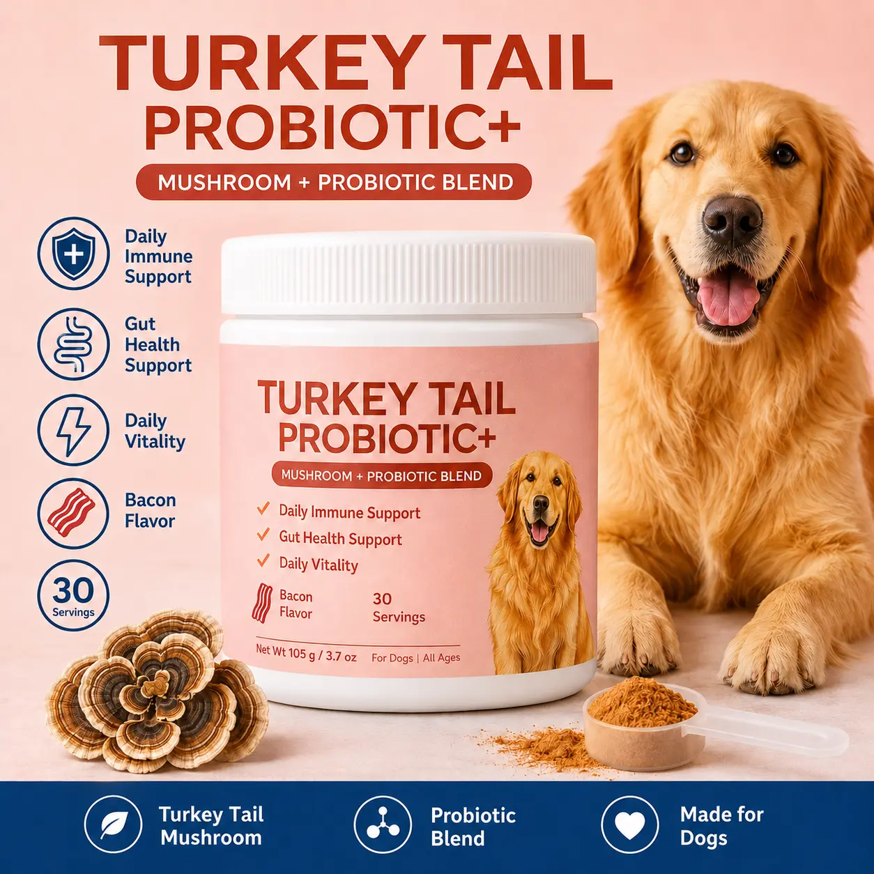Turkey Tail Mushroom & Probiotic Powder for Dogs, 105 g, Daily Digestive and Immune Wellness Supplement, Easy-to-Mix Powder