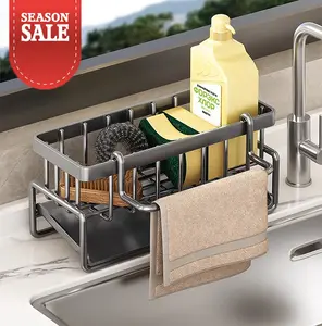 Sponge Holder Sink Caddy with Stainless Steel Self Drain Tray Adjustable Hangable Kitchen Accessories for Dish Cloth Soap Dispenser Storage Space Saving Design