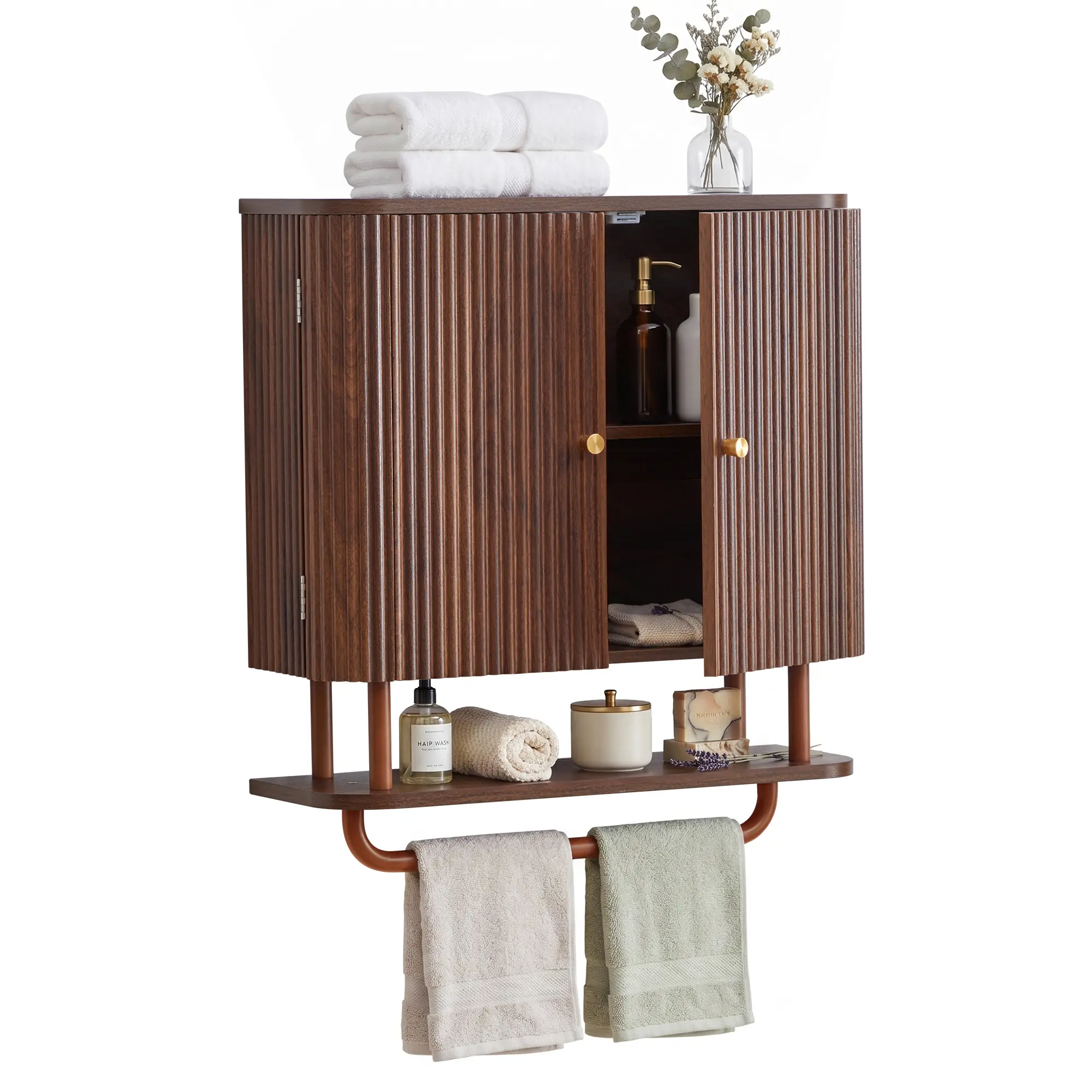 Giratree 24" Width Fluted Panels Bathroom Storage Cupboard - Wall Mount Indoor Storage Furniture with Built-In Towel Bar, Adjustable Shelf, Double Doors, Clean Wood-Look Finish for Bathroom, Laundry Room