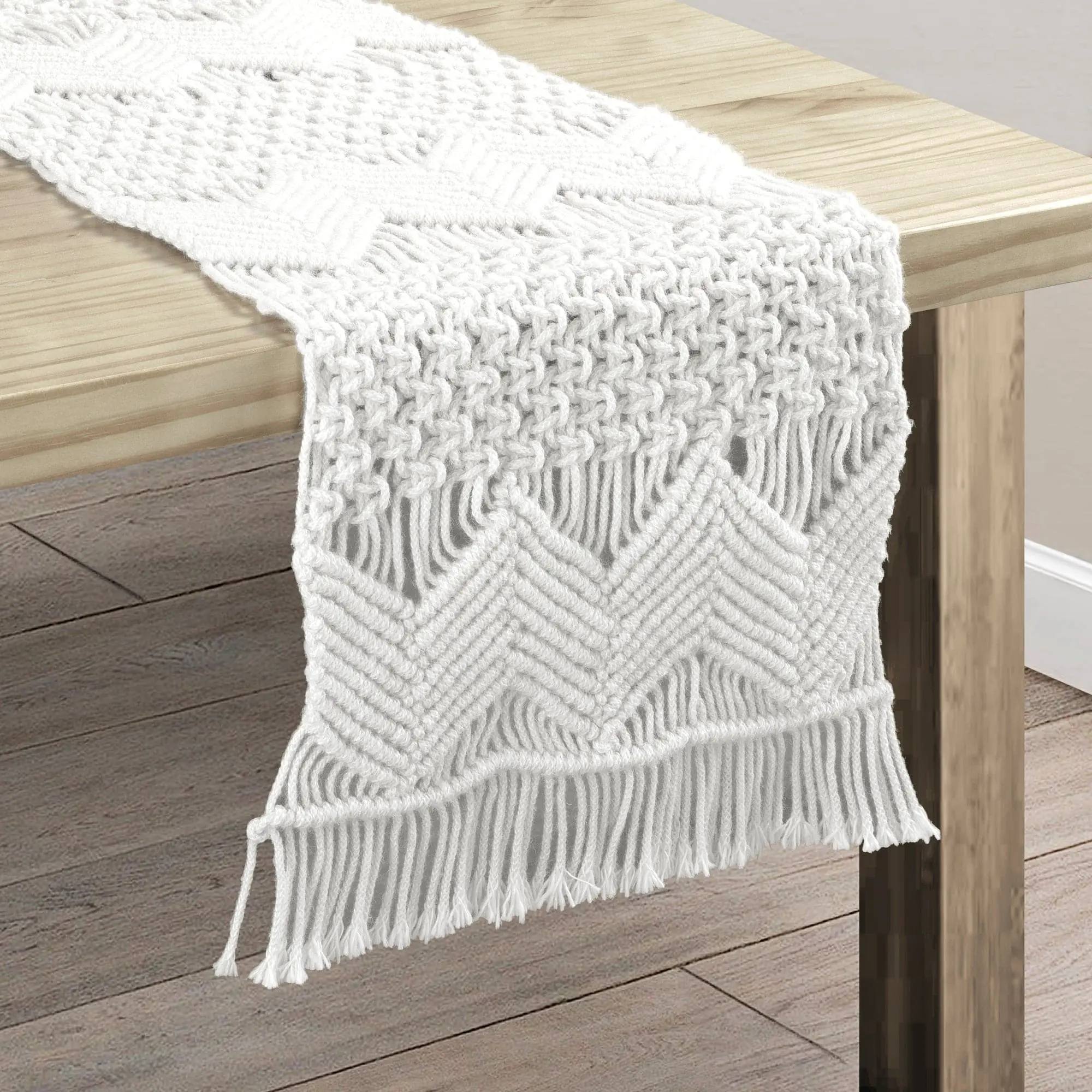 Lush Decor Bohemian Macrame Indoor-Outdoor Table Runner, Handcrafted Water-Repellent 13"x72" Fringed Linen for Seasonal Home & Kitchen Decor