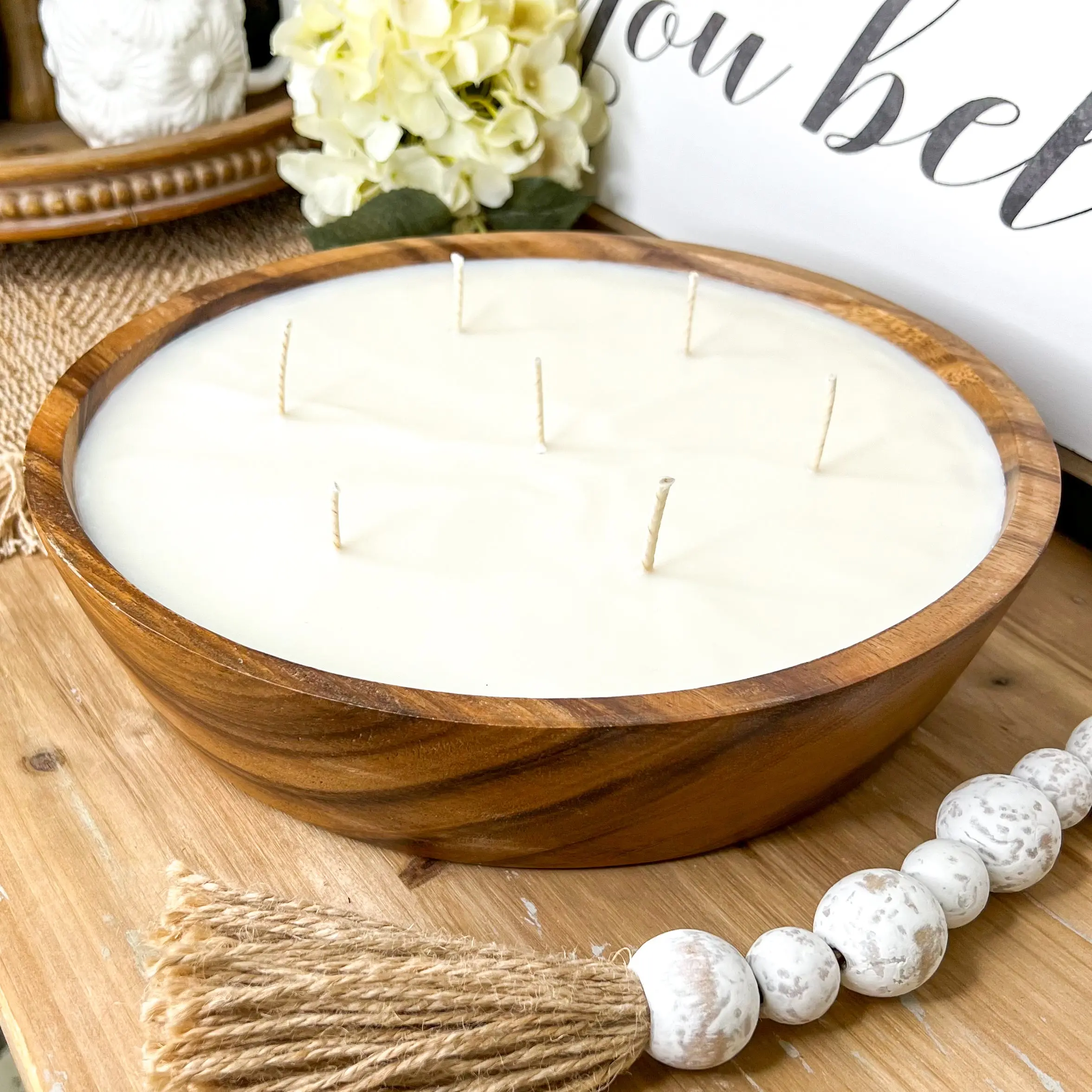Round Boho Candle -Refillable Handmade Wood Bowl -Minimalist Home Decor -Scented Soy Wax-Long Lasting Clean Fragrance