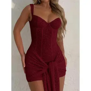 Women's Floral Lace Strappy Corset Structure Dress, Elegant Sleeveless Short Dress for Party Club Dating Wear, Ladies Summer Clothes