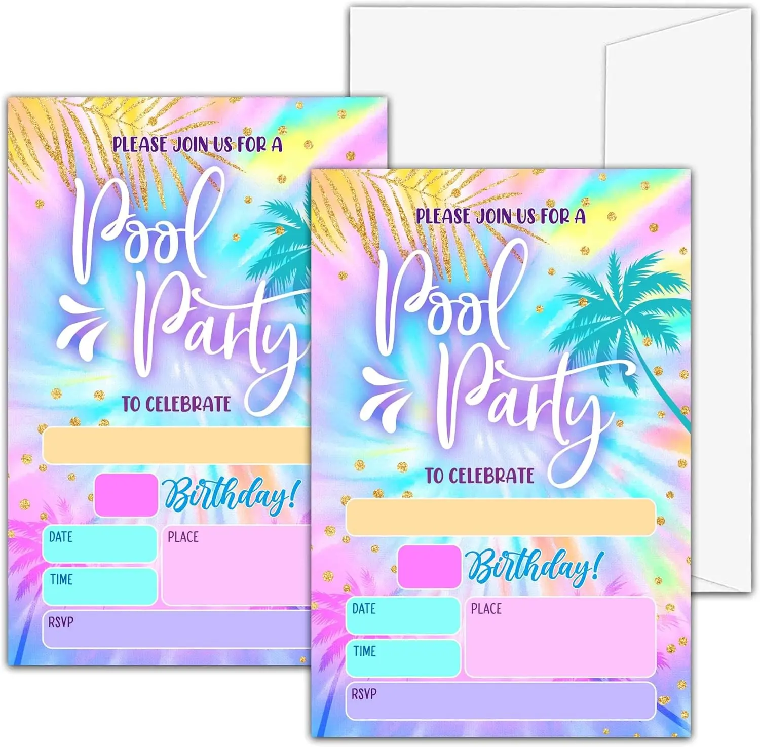 Pool Party Birthday Invitations For Girls Boys, Tie Dye Birthday Party Invitations, Birthday Party Fill In Invitation Cards, Summer Birthday Party Favor Supplies (20 Invites With 20 Envelopes) -A08