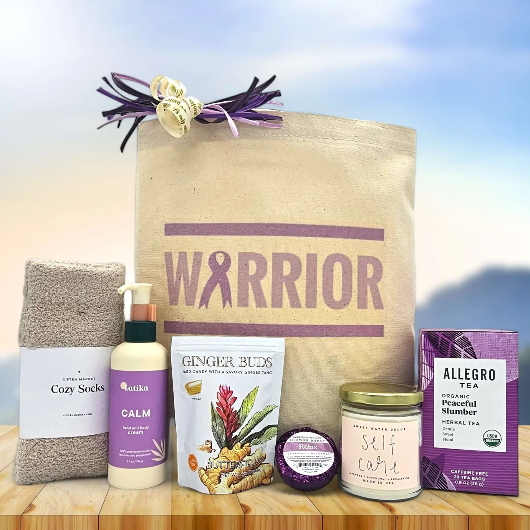 Itsonlynaturalgifts Cancer Warrior Comforting Gift Basket with Cozy Socks Calm Body Lotion Ginger Buds Peaceful Sambhar Herbal Tea for Relaxation
