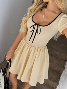 Women's Ballet Style Colorblock Square Neck Dress, Waist Cinching Short Skirt, Spring Summer Casual Commute Date School, Elegance