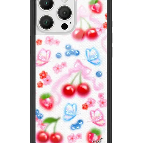 Wildflower Custom Durable Shockproof Polyurethane iPhone Case - Limited Edition Trendy Airbrush Print, Raised Black Bumper, Silver WF Emblem, Handmade White Art Background with Vibrant Pink Bows & Red Cherries, Women-Owned Small Business Gift for Her