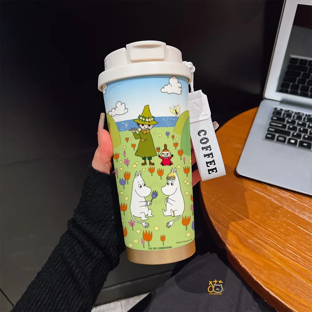 530ML/ 17.92oz Moomin Characters Floral Meadow & Ocean Scene Pattern Print Insulated Tumbler Coffee mug with straw and lanyard | 316 stainless steel, keeps drinks hot & cold | Portable travel & sports cup | Ideal for home and outdoor activities.