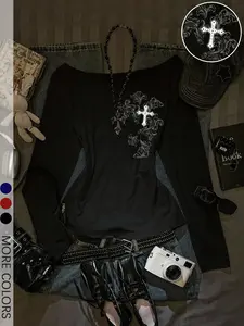 Women's Black Asymmetrical Off-Shoulder Long Sleeve Fitted Top with Gothic Cross Graphic Geometric Pattern, Edgy Y2K Punk Style Top for Concerts, Night Out and Alternative Fashion