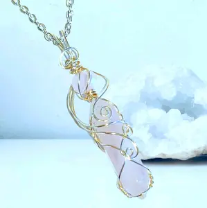 Rose Quartz Necklace, Sterling Silver Wire Wrapped Crystal, Heart Chakra Love Stone, Handmade Romantic Gift for Her