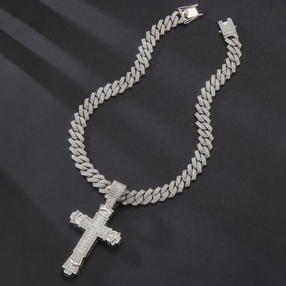 Cross Pendant Necklace Hip Hop Iced Out Cuban Link Chain Full Rhinestone Alloy Jewelry for Men Women