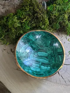 Large Botryoidal Malachite Bowl Display Dish Altar Jewelry Plate Polished Brass Rim Natural Stone Mineral Specimen Crystal Prosperity Stone