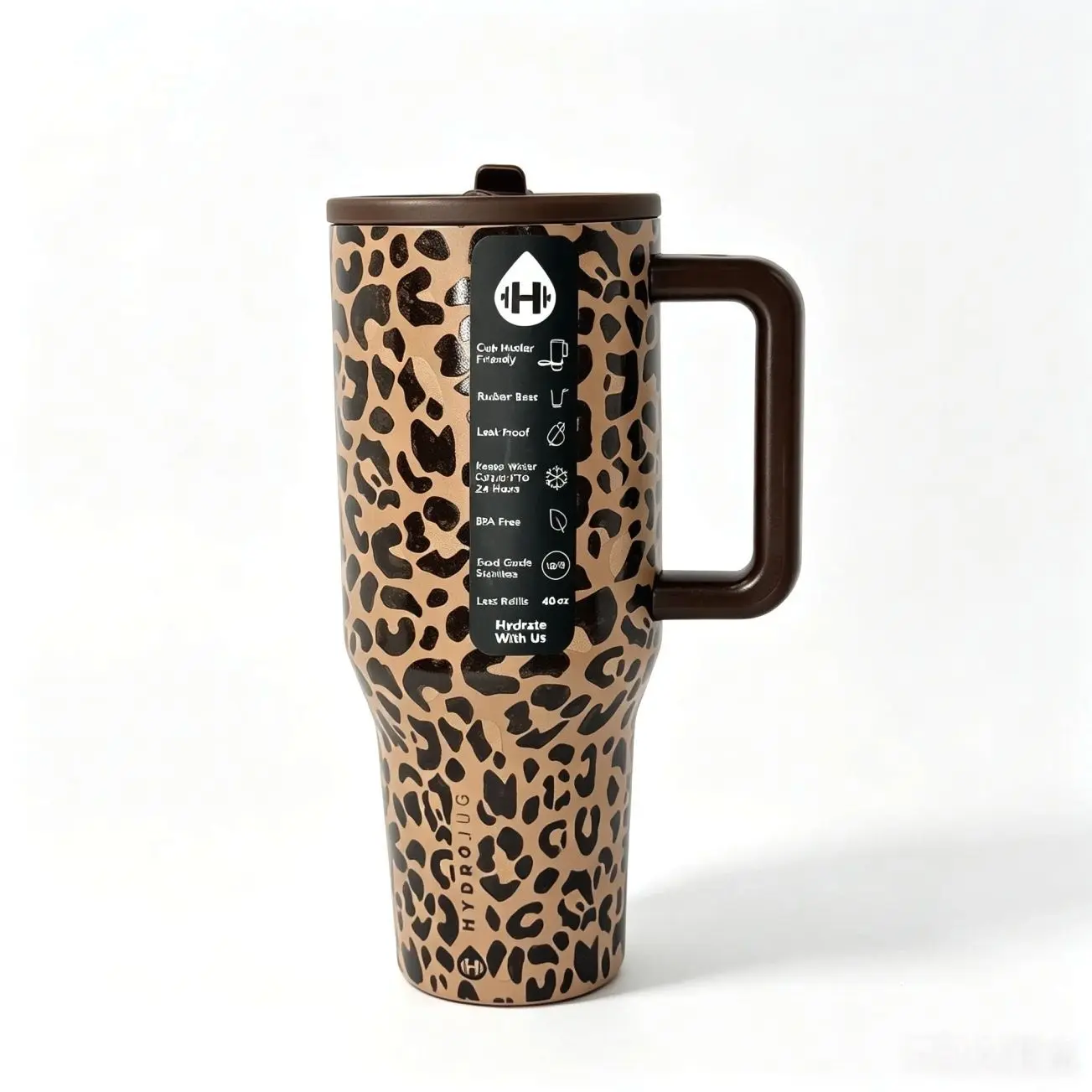 Hydrojug 40oz Leopard Print Tumbler With Handle Straw Lid | 24 Hours Cold Insulation, Leak Proof Cup Holder Friendly Travel Water Mug For Car Gym Office Camping