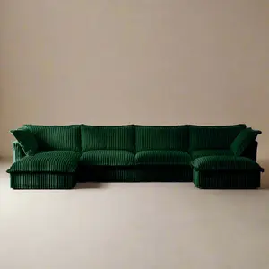 Fluffy Corduroy 4-Seat Couch – Emerald with 2 Ottomans, Washable