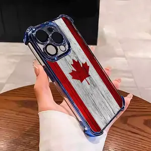 Canadian Flag Retro Maple Leaf Red white striped design Suitable for Aesthetic Electroplated TPU Casing For iphone 17 16 15 14 13 12 11 PRO PLUS MAX AIR Samsung S26 Four Corners Anti-Fall Transparent Casual Soft Silicone Phone Cases L1838