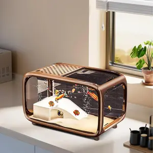 Brown simple ecological fish tank Triops Aquarium Panoramic transparent acrylic material, silent and lampless multi-function design, light and durable - desktop aquarium decoration, home office multi-scene adaptation, modern natural style