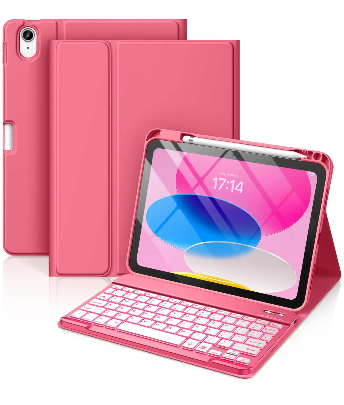 Hamile for iPad 11th 10th Generation Case with Keyboard - Backlit Wireless Detachable Folio Keyboard Cover with Pencil Holder for iPad 11-inch A16 2025 10th Gen 10.9 Inch 2022 (Pink)