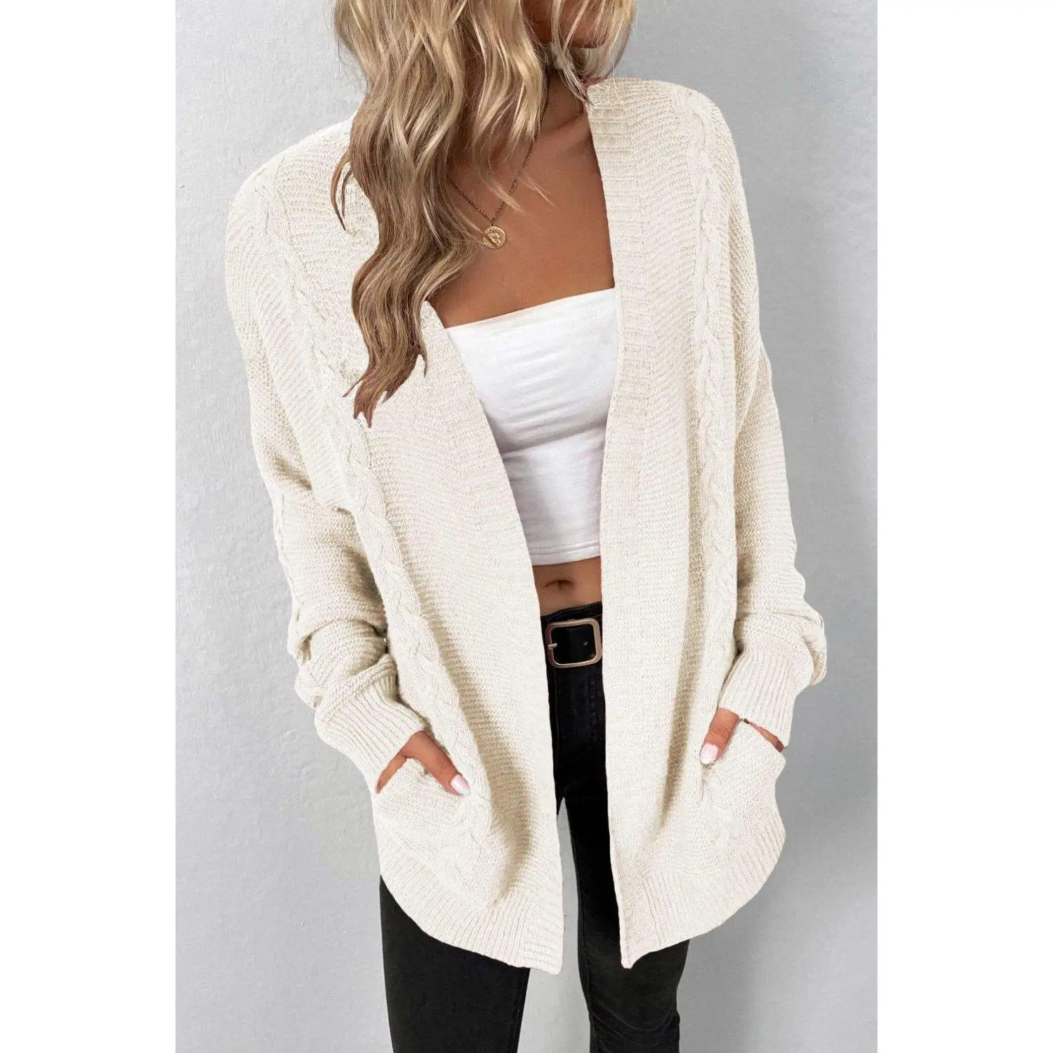 Cable-Knit Open Front Cardigan with Pockets