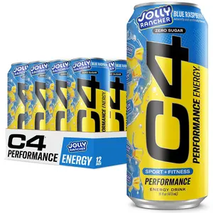 C4 Performance Energy Drink | JOLLY RANCHER Blue Raspberry | Zero Sugar Carbonated Preworkout Energy | 200mg Caffeine with Beta Alanine | 16 Fl Oz (12 Pack)