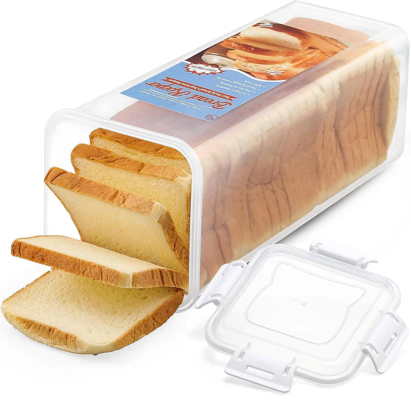 Airtight Lid Plastic Bread Box - Sturdy Wide Mouth Food Storage Container, Bread Loaf Dispenser, Sandwich Keeper with White Lid, 1 Pack Kitchen Silicone Accessory for Strength Training Prep