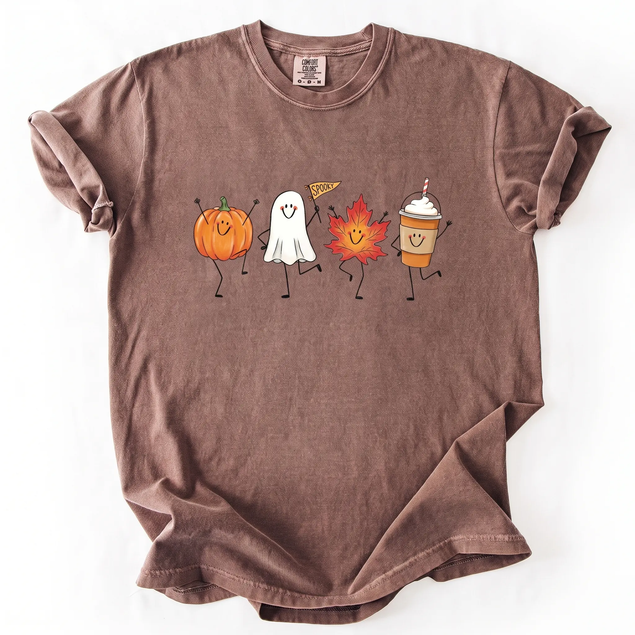 Cute Autumn Halloween T-Shirt, Fall Pumpkin Ghost Maple Leaf Pumpkin Spice Latte Comfort Colors Tee, Spooky Season Graphic Shirt for Women