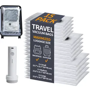 HORTINEST [2026 Upgraded] 15 Pack Travel Vacuum Storage Bags for Clothing with Rechargeable Electric Pump Vacuum Bags for Travel with Rechargeable Electric Pump, Space Saver Bags Carry-on Size Compression Packing Bags for Luggage and Suitcase Organiser