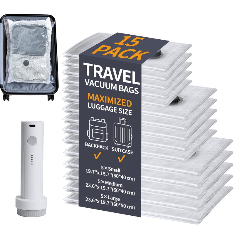 HORTINEST Vacuum Bags for Travel with Cordless USB Rechargeable Pump, Reusable Space Saver Compression Storage Bags in 3 Sizes for Luggage, Carry-On, Clothes, Bedding, Closet & Dorm, 9/15/24 Pack ,Organiser ,Pack ,Pump, Set ,Compression, Water Proof