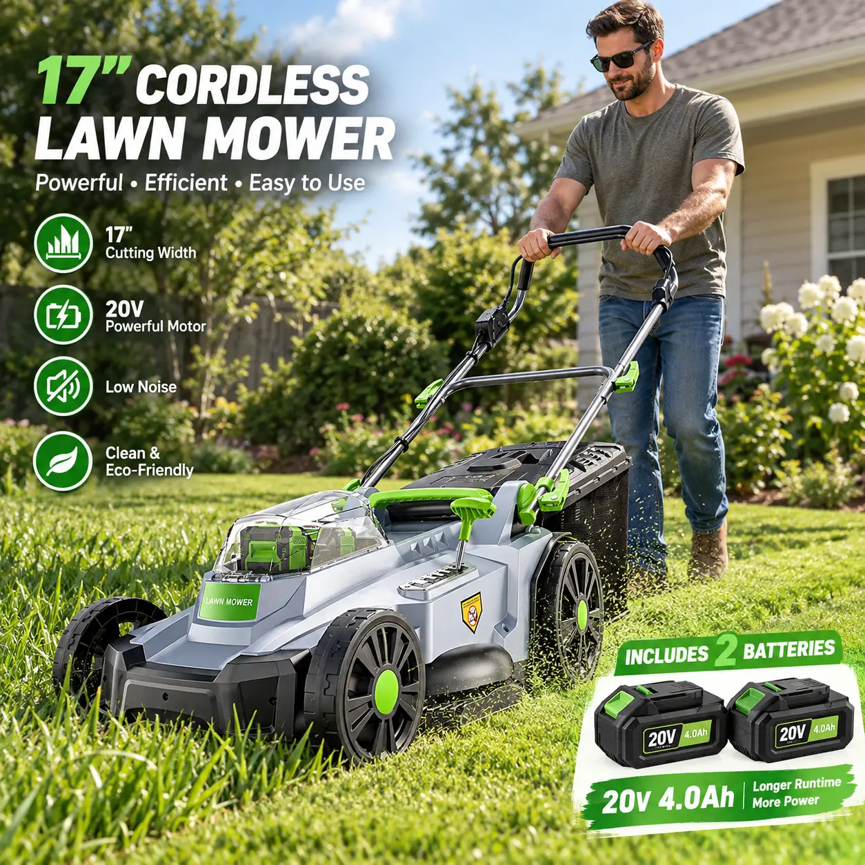 40V Cordless Electric Lawn Mower - 17 in Cutting Width, Adjustable Cutting Height for Yards, Gardens