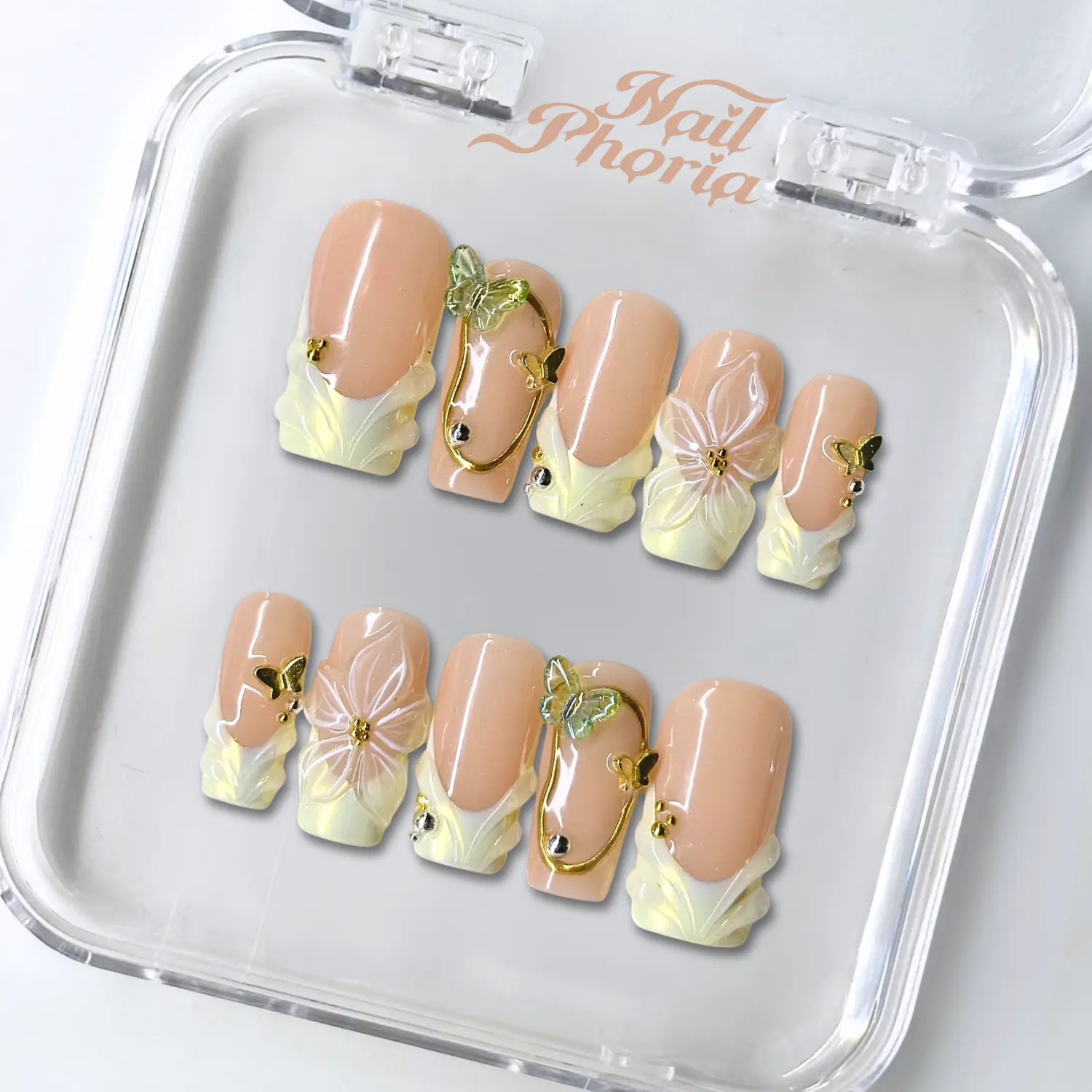NailPhoria IVORY BLOOM - Handmade Press-On Nails | Reusable, Salon-Quality, Long-Lasting, Glossy Design