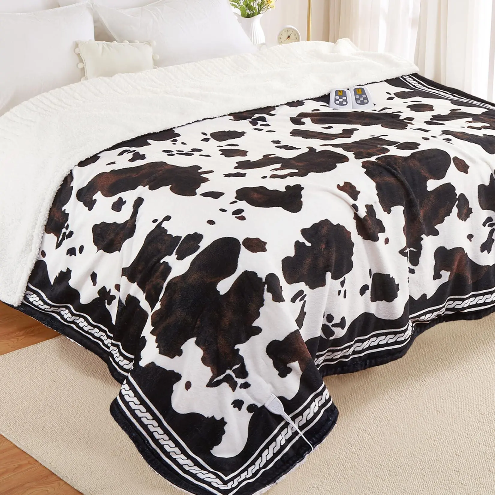 GARVEE Heated Electric Blanket King Size with LCD Dual Controller, Cow Print Heating Blankets, 10 Heat Levels & 1-12H Time Settings, ETL Certified, Machine Washable, Brown Black, 100" x 90"