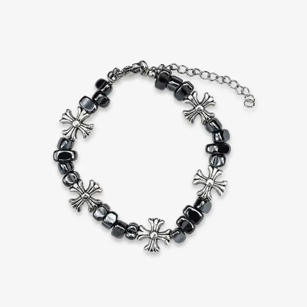 Gothic Cross Beaded Bracelet for Men Women Natural Black Hematite Stone Irregular Tumbled Beads Bracelet Y2K Hip Hop Punk Rock Wristband Retro Floral Crosses Jewelry Gif