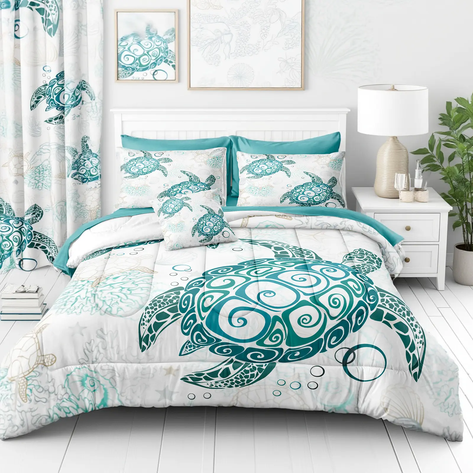 Sea Turtle Comforter Set with Sheet Set 8 Pieces Bed in a Bag King Size Coastal Bedding Set Ocean Style Beachy Comforter Set Soft Microfiber Turquoise Sea Turtle Bedding Set
