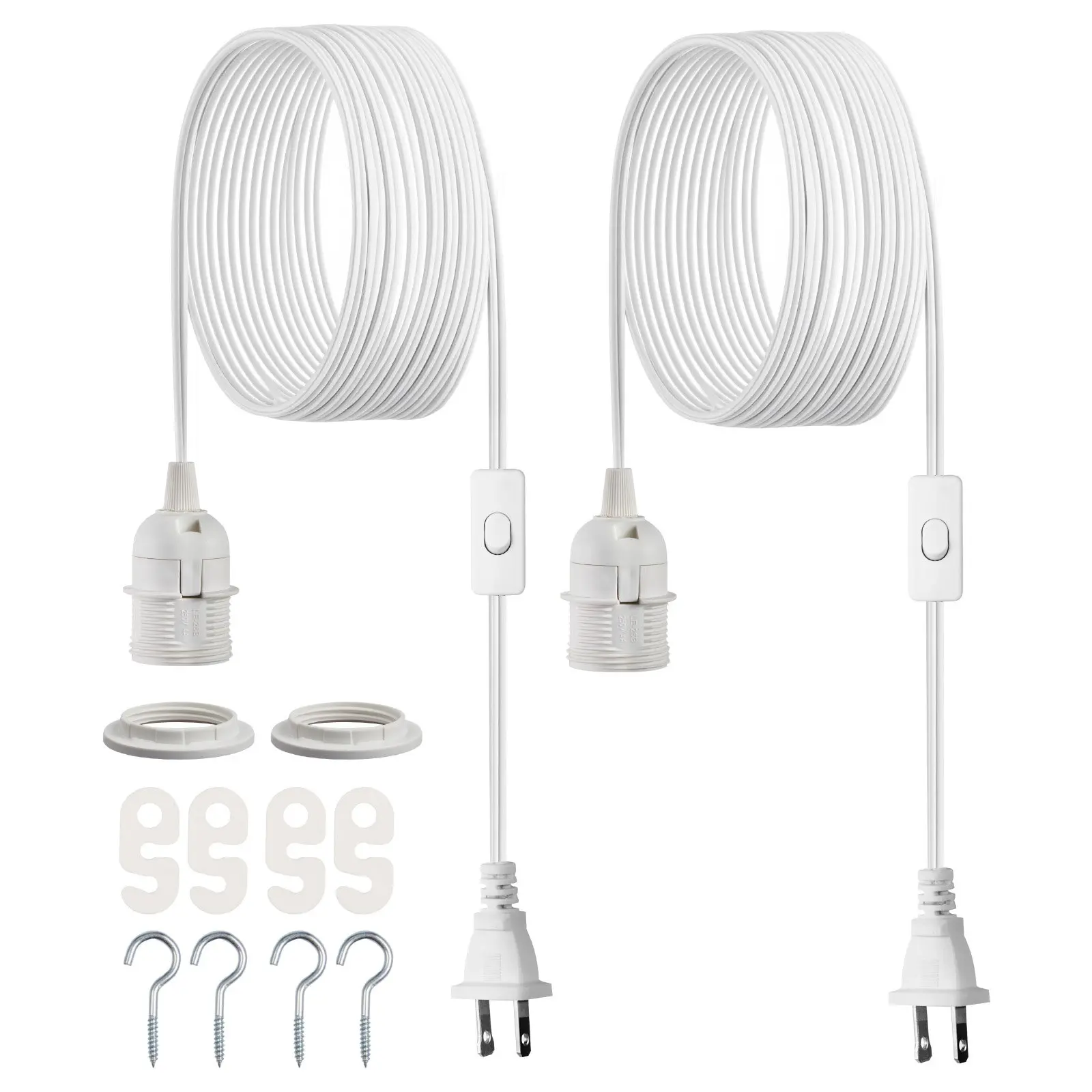 【Summerfinds】VEVOR Plug in Hanging Light Cord Kit, 16ft Lantern Extension Cords, 2 Pack E26 Light Socket Lamp Cord Replacement, Secure & Sturdy, Easy to Install, Pendant Lamp Kit On/Off Switch & Socket Rings
