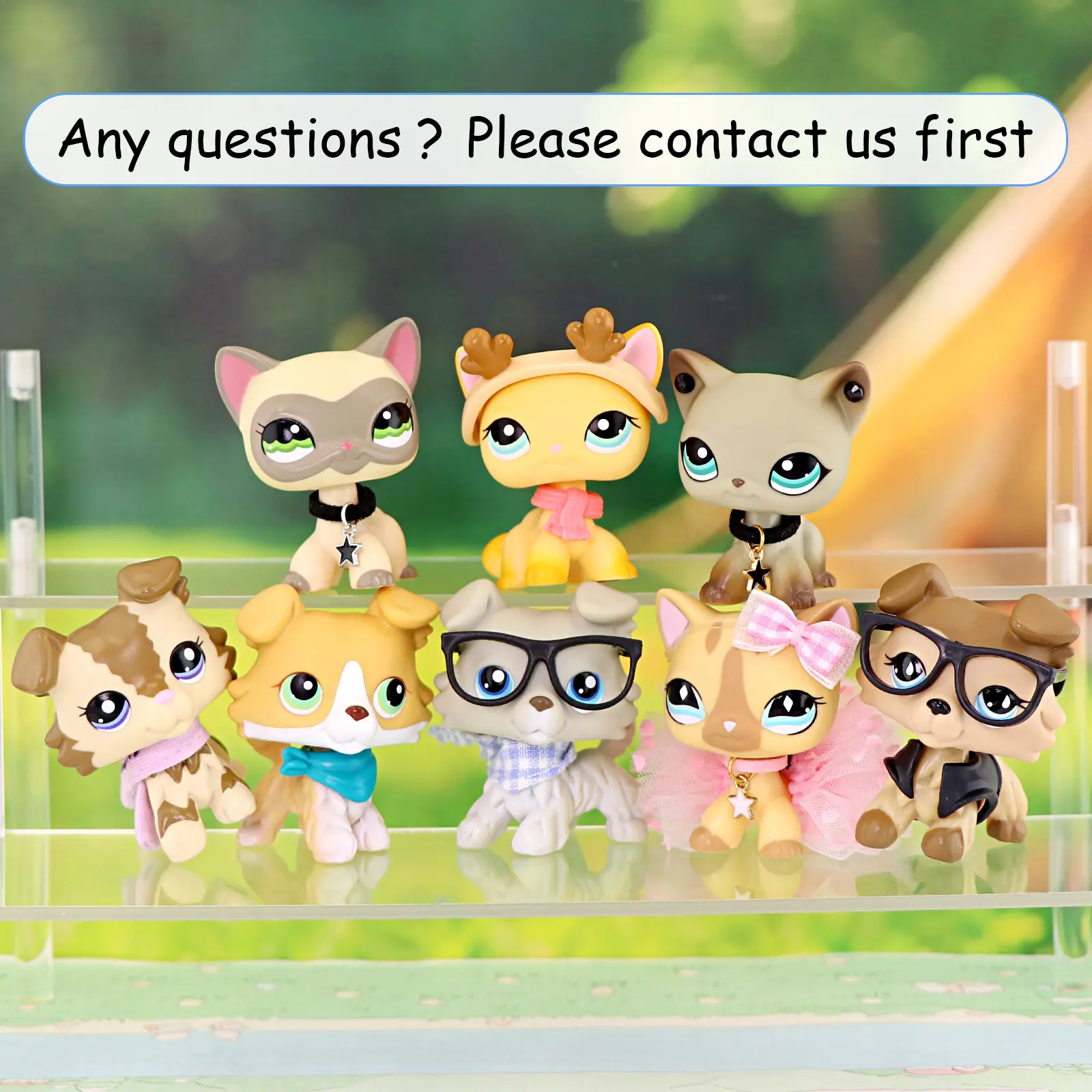 8 Pcs Mixed Cartoon Animal Figurines Set, Big Eye Mini Pet Collectible Figures with Dress-Up Accessories, Collie Dog & Cat Toys for Pretend Play, Desktop Decor & Hobby Collector Gift