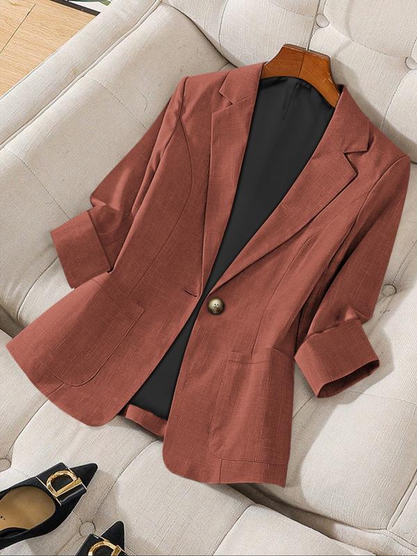 Women's Solid Color Button Front Blazer Coat, Casual Long Sleeve Outerwear for Work Office Business, Ladies Spring & Fall Woven Clothes, Fitted Womenswear