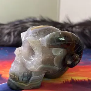 Amazing Druzy Cave Banded Agate Skull with Delicate Feathering Unique Bands One of a Kind Piece for Collectors
